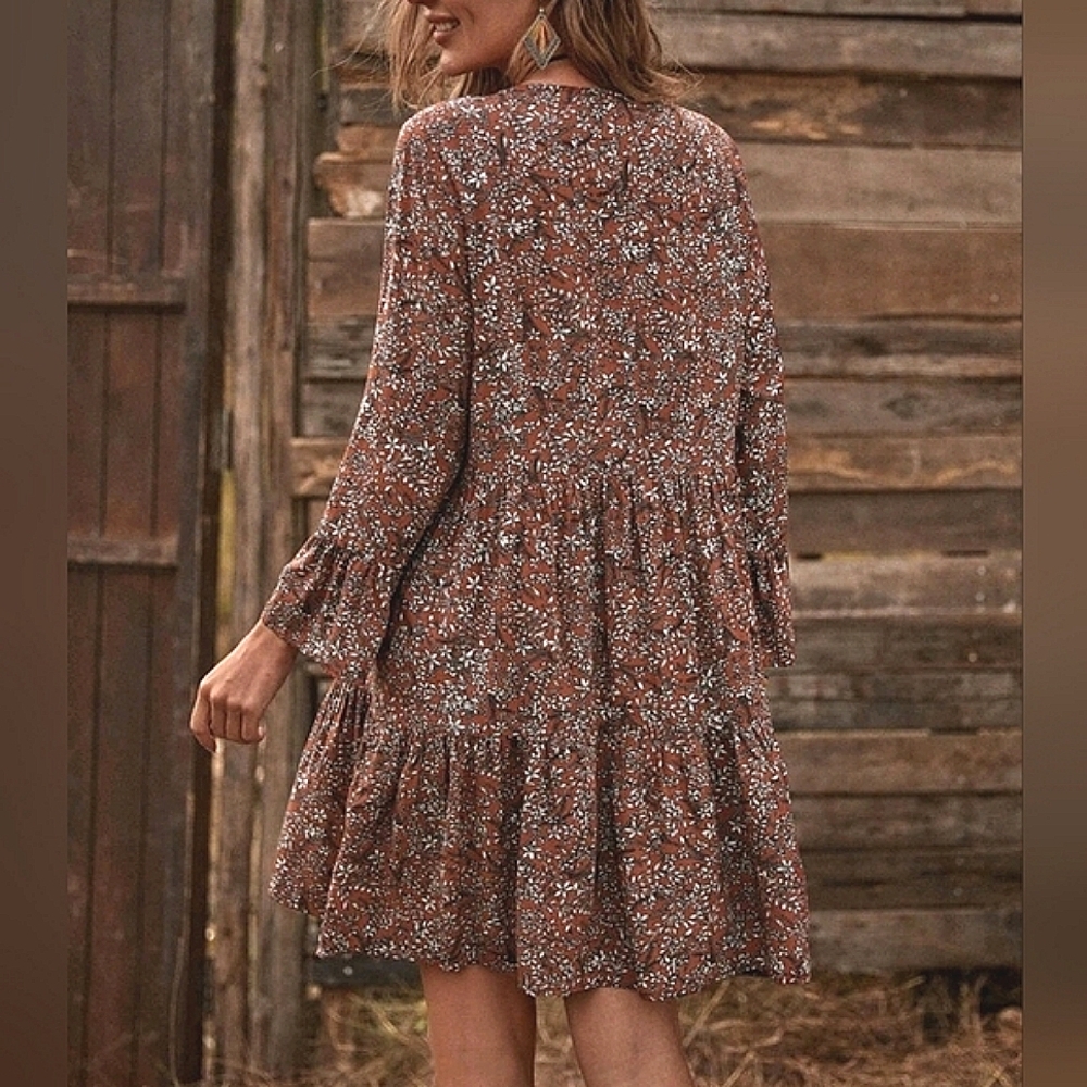 New Boho Floral Mini Dress Tiered Ruffle Mini Burgundy Red Brown White - Picture 5 of 7